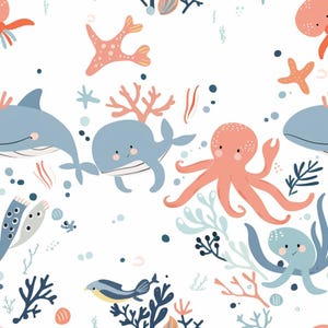 May include: A repeating pattern on a white background featuring cartoon sea creatures including a blue whale, a coral-coloured octopus, a blue dolphin, and a small fish, interspersed with coral branches, seaweed, and dark blue bubbles.