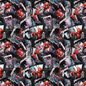 May include: A repeating pattern featuring the superhero Spider-Man. The design includes images of Spider-Man in his red and blue suit, along with the text "Spider-Man" in a stylized font. The background has a grunge-like aesthetic.