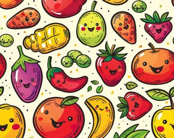 Fruit Fabric, Vegetable Fabric Cartoon Fabric  100% Cotton Fabric By The Half Yard