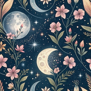 Celestial Moon Floral Fabric Dark Blue Starry Night Botanical Cotton Fabric, Half Yard Arts and Crafts Print (19"x55")