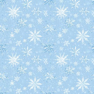 Könnte beinhalten: Ein sich wiederholendes Muster mit weißen und hellblauen Schneeflocken in verschiedenen Größen und komplexen geometrischen Formen, die auf einem hellblauen Hintergrund verteilt sind, durchsetzt mit kleinen weißen Punkten.
