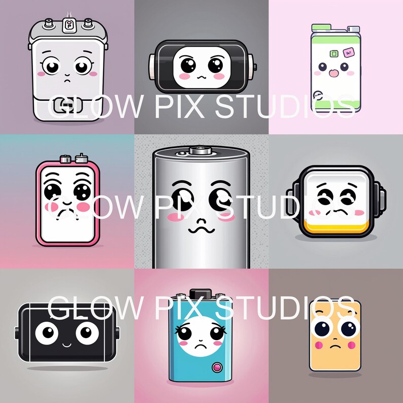 50 Cute Kawaii Battery Clipart Bundle | EPS, PNG, JPG, Tiff, Webp ...