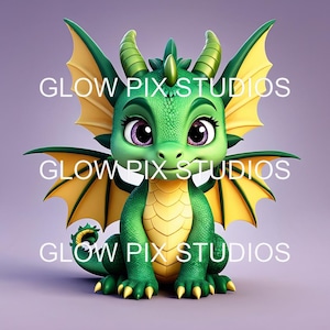 Paquete de 50 imágenes prediseñadas de bebés dragón con ojos tiernos y grandes / Formatos EPS, PNG, JPG, TIFF y WebP + Uso comercial / Descarga digital inmediata