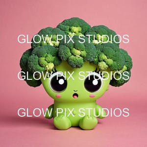 Paquete de 50 imágenes prediseñadas de brócoli kawaii con ojos adorables y asustados / Formatos EPS, PNG, JPG, TIFF y WebP + Uso comercial / Descarga digital inmediata