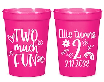 Two Much Fun 2nd Birthday Stadium Cups, Personalized Party Favors