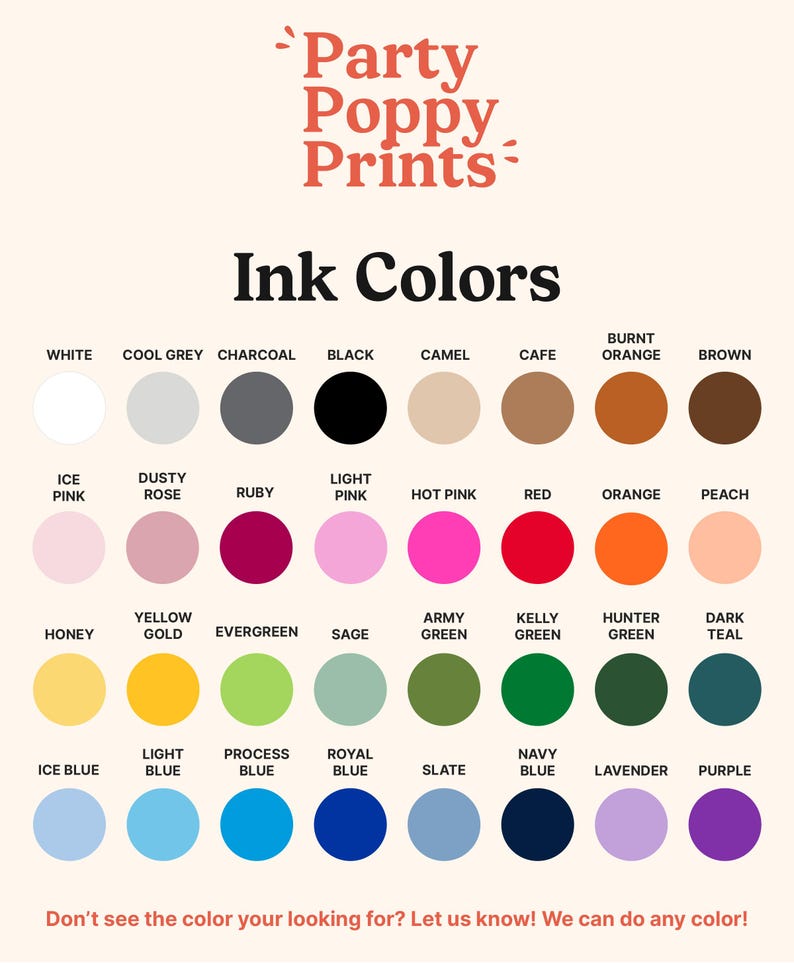The image is a collection of 24 different ink color samples, each with a color circle and a description of the color. The colors include white, cool grey, charcoal, black, camel, café, burnt orange, brown, ice pink, dusty rose, hot pink, red, peach, peach, honey, yellow, evergreen, sage, army green, hunter green, dark teal, lavender, royal blue, navy, and purple.