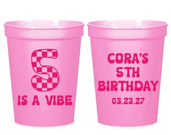 Personalized Pink Checkered 5th Birthday Stadium Cups (Set of 4)