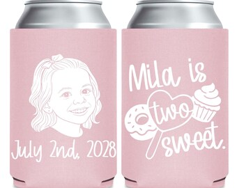 Two Sweet Birthday Can Coolers, Donut Party Favors, Custom Drink Sleeves