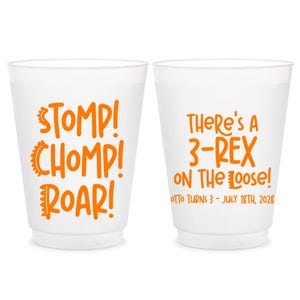 Bicchieri glassati per feste di dinosauri, bicchieri di compleanno personalizzati Roar Stomp Chomp, bicchieri glassati modificabili Three-Rex, bomboniere personalizzate per bambini con dinosauri (9)