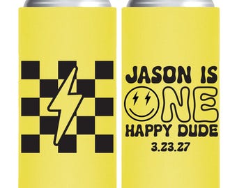 Personalized 'One Happy Dude' Birthday Slim Can Cooler, Lightning Bolt Party Favor