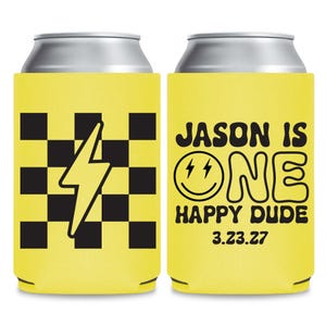 Personalized First Birthday Can Cooler, Yellow Checkered Lightning Bolt Party Favor