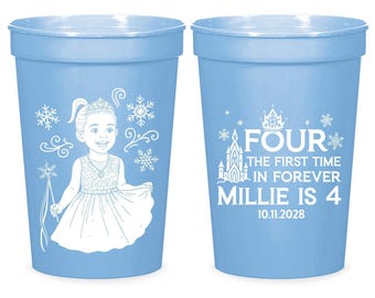 Four The First Time In Forever Custom Stadium Cups, Personalized 4th Birthday Stadium Cup Favor, Custom Stadium Cup 4th Birthday Favors (43)