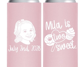 Two Sweet Birthday Slim Can Cooler, Donut Party Favor, Custom Drink Sleeve