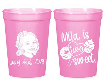 Two Sweet Birthday Stadium Cups, Donut Party Favors, Custom 16oz