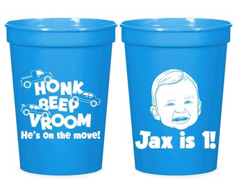 Car Theme Stadium Cup, Vehicle Birthday Favor, First Birthday Boy Gifts, Blue Custom Stadium Cup, Vroom Beep Honk Theme, Party Keepsake (24)