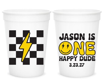 Custom First Birthday Stadium Cups, Yellow Checkered Theme Party Favors