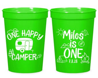 Personalized Camping Birthday Party Cups, Happy Camper Theme