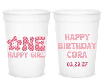 Personalized 1st Birthday Stadium Cups, Groovy Pink Party Favor (Set of 12)