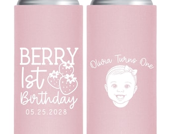 Strawberry 1st Birthday Slim Can Cooler, Custom Party Favor