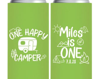 Personalized Camping Birthday Slim Can Cooler, Custom Party Favor