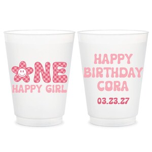 Full Color Custom Frosted Cups, Personalized One Happy Girl First Birthday Favor, Editable Pink Party Cups, Custom Groovy Toddler Gifts (12)