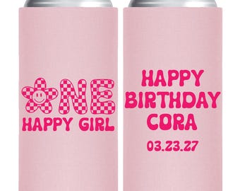 Personalized Pink Checkered Can Coolers, First Birthday Party Favors (2)