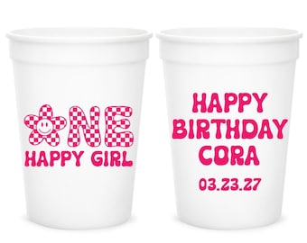 Personalized Pink Checkered Stadium Cups, First Birthday Favors (Set of 2)