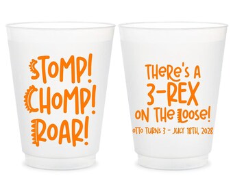 Personalized Dinosaur Party Cups, Roar Stomp Chomp, Birthday Favors