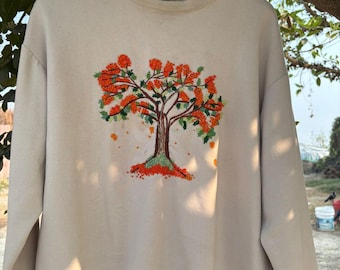 Tree Hand-embroidered sweatshirt/ Customized sweatshirt / Hand embroidery/ Floral pullover