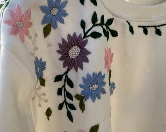Hand-Embroidered Wildflower Sweatshirt, Botanical Cottagecore Cotton Crewneck