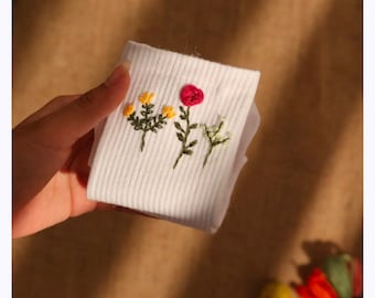 Floral Embroidered Cotton Socks: Hand-Embroidered Flowers