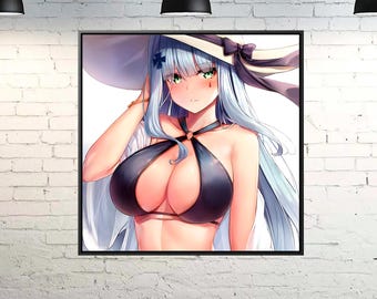 May include: A framed wall art print featuring an anime-style character with long light blue hair, green eyes, and a small black cross accessory. The character wears a wide-brimmed white hat with a black ribbon and a black halter-style bikini top.