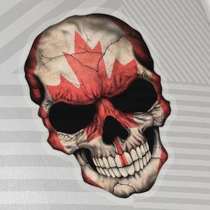 May include: A sticker featuring a skull design with the Canadian flag incorporated into the skull's features. The skull is primarily white and gray, with the Canadian maple leaf in red. The sticker is on a skateboard.