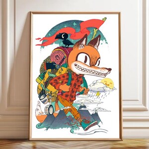 Fox Hiking PNG - Colorful Mountain Art Print (Digital Download)