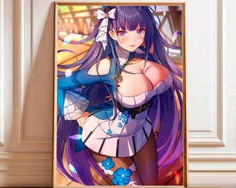 May include: A framed wall art print featuring an anime-style character with long purple hair, purple eyes, and a white hair bow. The character wears a blue and white outfit with a musical note emblem, a pleated skirt, and blue flower accents.