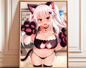 May include: A framed wall art print featuring an anime-style character with long white hair, cat ears, and black paw-shaped gloves. The character wears a black cat-themed bikini top with a small bell choker and a matching black thong bottom.