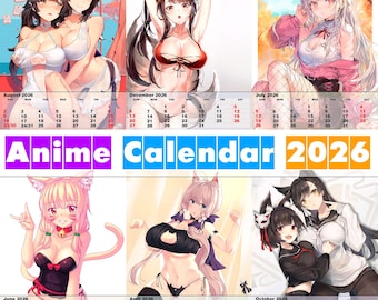 May include: A 2026 Anime Calendar featuring colorful illustrations of anime characters. Each month displays a different anime girl in various poses, with the month and date clearly marked. The calendar has a vibrant design with a mix of colors.