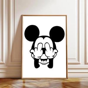 May include: Framed black and white art print depicting a cartoon mouse character with its hands up, showing the middle fingers. The design is minimalist, with a white background and a wooden frame.