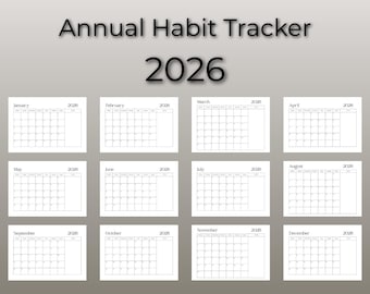 Puede incluir: Un rastreador anual de hábitos para 2026, con un diseño de calendario para cada mes. El título "Annual Habit Tracker" y el año se muestran en la parte superior. Cada calendario mensual tiene un formato rectangular.