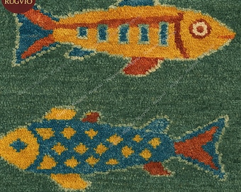 Koi Fish Rug: Handcrafted Wool Pond Area Rug for Kids Room, Runner, Geen 2x3