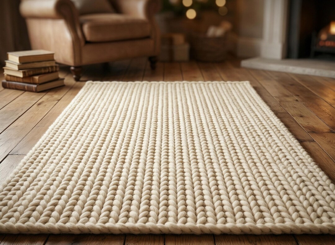 Thick Wool Ribbed Rug Ivory Chunky Knit Rug Thick Braided Wool Area Rug Knitted Scandi ...