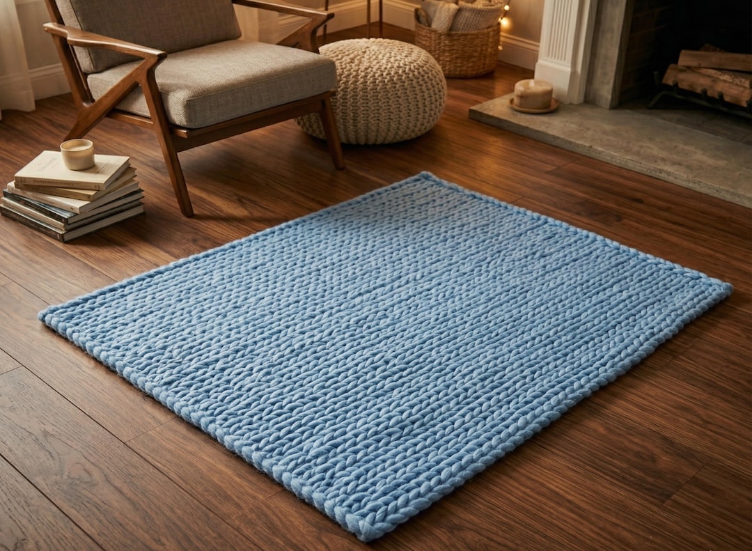 Light Blue Chunky Knit Rug Thick Braided Wool Area Rug Knitted Scandi ...