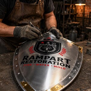 May include: A craftsman working on a metal shield with the words "RAMPART RESTORATION" and a logo. The shield has gold accents and rivets. The workshop setting includes tools like a hammer and anvil.