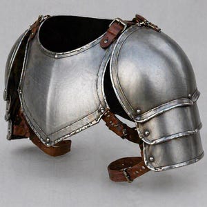 May include: A silver-colored metal shoulder armor piece with brown leather straps and buckles. The armor has a curved design to fit the shoulder and upper arm, with layered plates for protection. The leather straps are riveted to the metal.