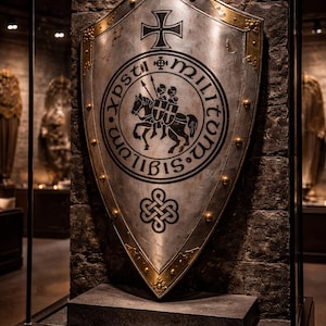 Puede incluir: Un escudo plateado con ribetes y remaches dorados, con una cruz negra y un emblema circular con dos caballeros a caballo. El escudo se exhibe en una vitrina de cristal contra una pared de piedra.