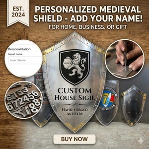 May include: A metallic shield featuring a central black crest with a lion holding a circular emblem labeled ARTHUR. The shield displays the text CUSTOM HOUSE SIGIL and HAND-FORGED ARTISTRY. Additional circular insets show a personalization input field, metal stamping tools, and various metal numbers.
