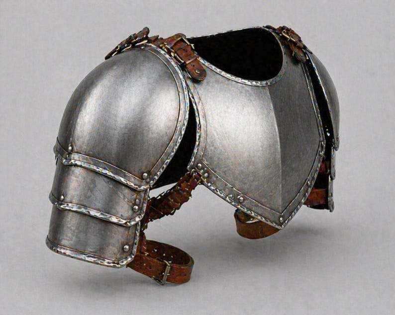 May include: A silver-colored metal shoulder armor piece with riveted construction and leather straps. The armor has a curved design to fit the shoulder and upper arm, with multiple articulated plates.