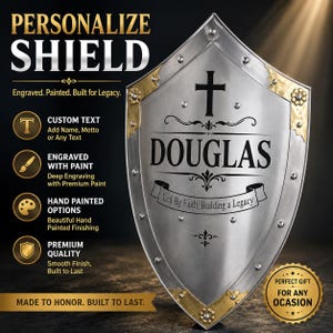 May include: A silver-coloured metal shield featuring gold-toned accents at the corners, a black cross, the name DOUGLAS, and the text Led By Faith, Building a Legacy. The shield includes decorative rivets along the edges and a pointed base.