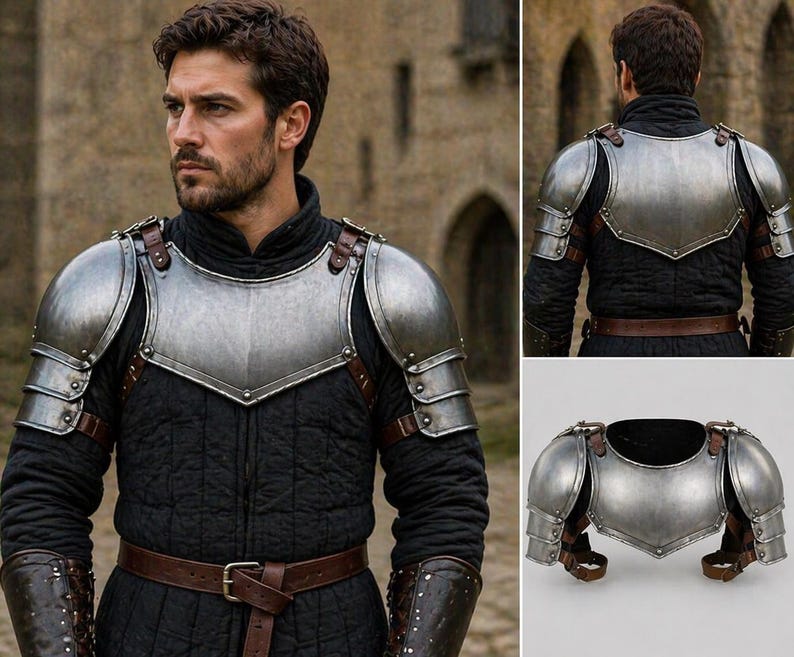 May include: A silver-colored metal chest and shoulder armor set with brown leather straps and a black quilted undergarment. The armor is designed with a medieval aesthetic, featuring a polished finish.