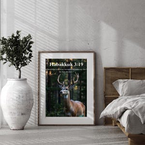 Habakkuk 3:19 Bible Verse Wall Art – The Lord Is My Strength – Christian Printable – Deer on Heights Scripture – Faith Decor